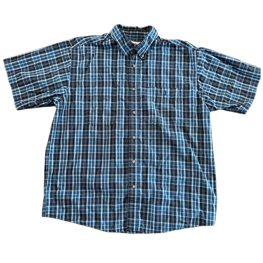 Wrangler Rugged Wear Mens Blue Plaid Short Sleeve Button Down Shirt Cotton Lg
